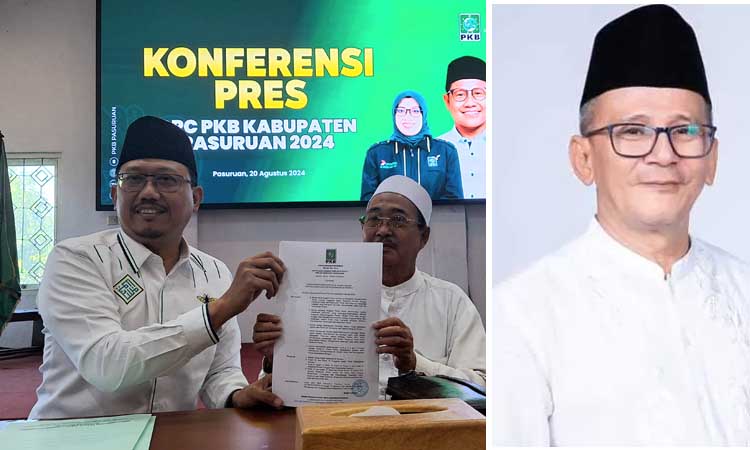 Plh Ketua DPC PKB Kabupaten Pasuruan Sudiono Fauzan mengumumkan pemecatan Shobih Asrori didampingi Dewan Syura. Inset Gus Shobih.