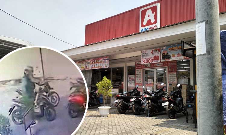 TKP: Lokasi parkiran Alfamidi tempat motor korban raib dicuri. Inset pelaku yang terekam CCTV.