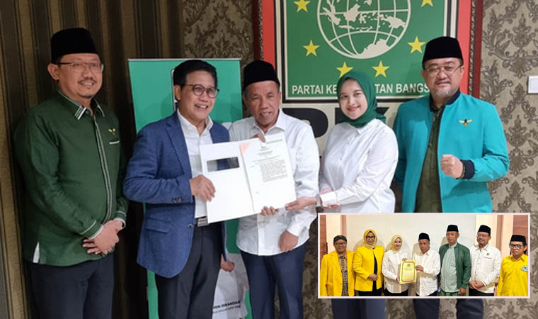 MAKIN KUAT: Gus Mujib Imron dan Wardah Nafisah (baju putih) menerima rekomendasi dari PKB. Bapaslon ini juga menerima rekom dari Golkar, Senin (27/8) malam.