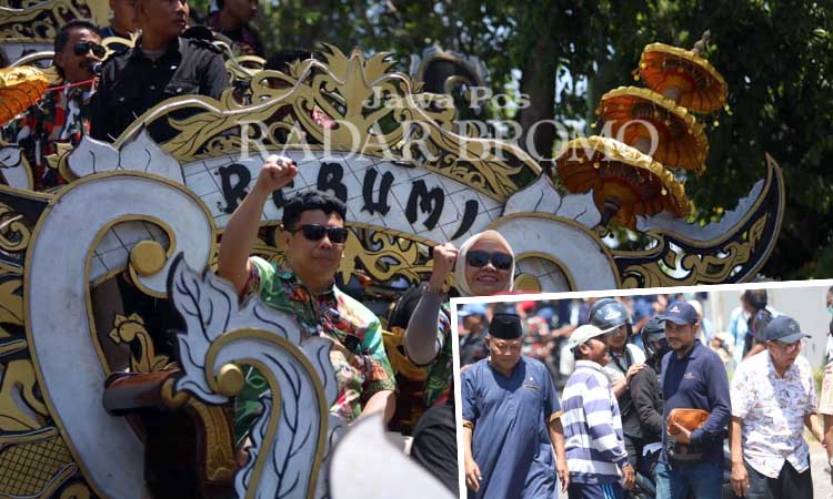 DAFTAR PILWALI PROBOLINGGO: Dokter Aminuddin dan Ina Buchori diarak naik kelabang songo saat menuju kantor KPU Kota Probolinggo. Inset mantan Wali Kota Probolinggo HM Buchori dan Bandyk ikut mengantar
