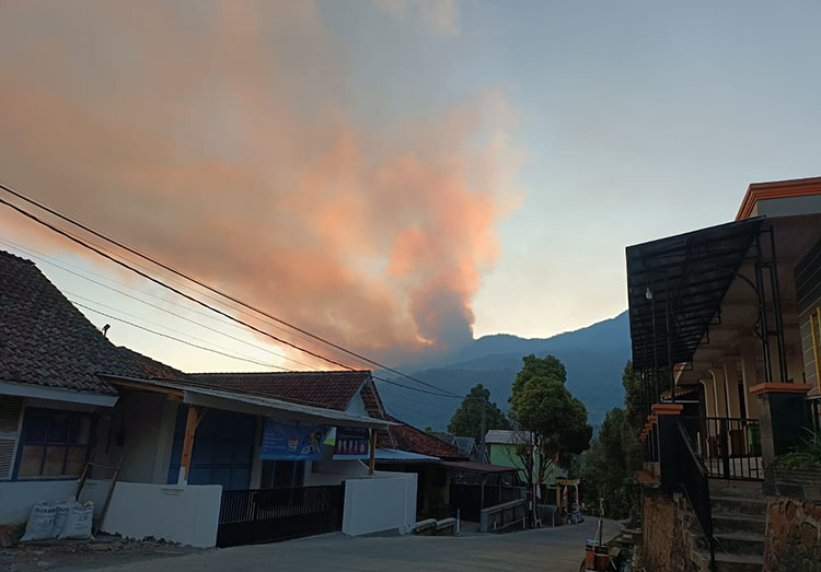 MENGEPUL: Asap pekat membubung dari Gunung Argopuro, terlihat jelas dari Desa Bermi, Kecamatan Krucil.