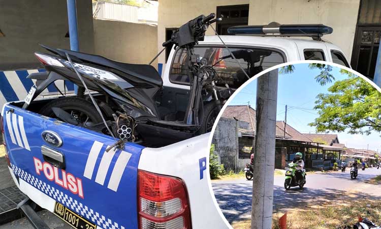 BB: Motor korban yang diamankan petugas. Inset lokasi kejadian tiang listrik di Randupitu, Gempol yang ditabrak korban.