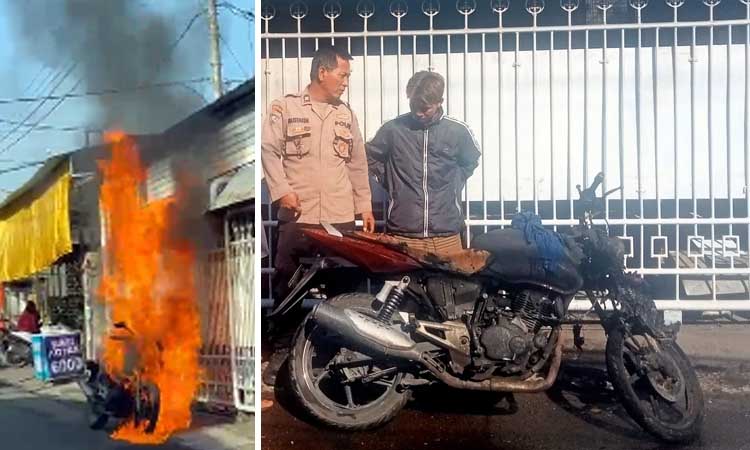 TIBA-TIBA TERBAKAR: Indra Muhammad Muchtar, 20, memberikan keterangan pada petugas Polsek Bangil setelah motornya tiba-tiba terbakar, Jumat (6/9) pagi. Inset motor Indra saat terbakar.