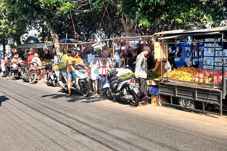 MENGAIS REZEKI: Sejumlah pedagang buah membuka lapak di Jalan Supriadi, Kota Probolinggo. Memasuki Maulid Nabi Muhammad SAW, permintaan buah meningkat.