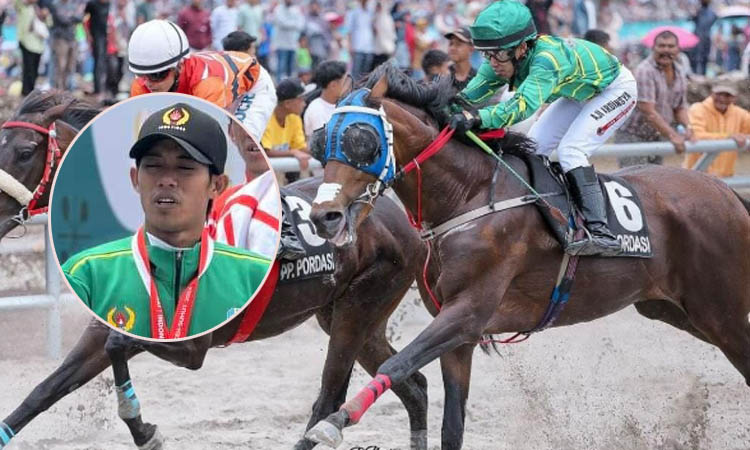 ADU CEPAT: Aji Saputra ketika berlaga di final berkuda kategori pacu Kelas B 1.850 meter. Inset, Aji dengan medali perak yang diraihnya.