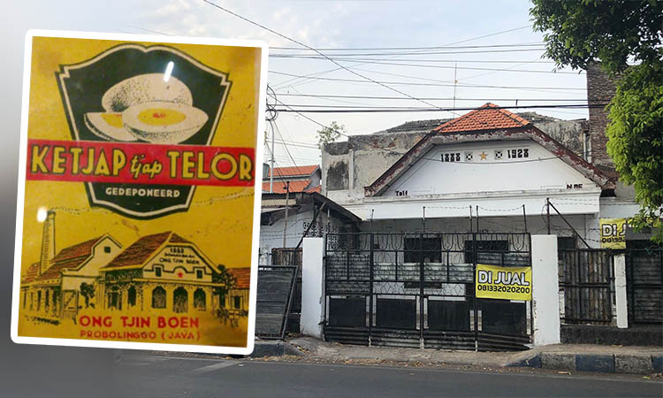 KUNO: Lokasi eks pabrik kecap milik Ong Tjin Boen di Jalan Siaman, Kota Probolinggo saat ini. Dan inset label kecap Cap Telor yang diproduksi pada 1920 di Jalan Siaman, Kota Probolinggo.