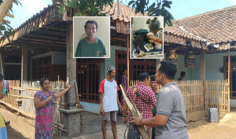 TKP: Personel Polsek Kuripan membawa kayu yang dibawa korban di lokasi kejadian. &nbsp;Inset, Sunardi dan Saleh.