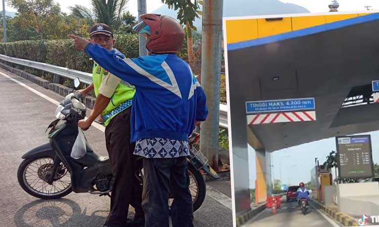 VIRAL: Pemotor dihentikan petugas saat masuk ke gerbang tol Pandaan. Inset seorang pemotor saat masuk ke gerbang tol Pandaan.