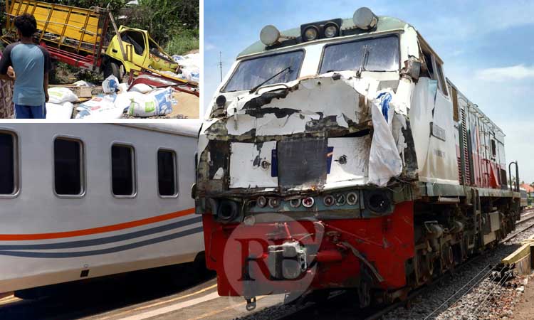 SAMA-SAMA RINGSEK: Kondisi CC 203 yang menarik KA Pandalungan usai tabrakan dengan truk muat pakan ternak di Bayeman, Tongas, Selasa (1/10). (Zainal Arifin/ Radar Bromo)