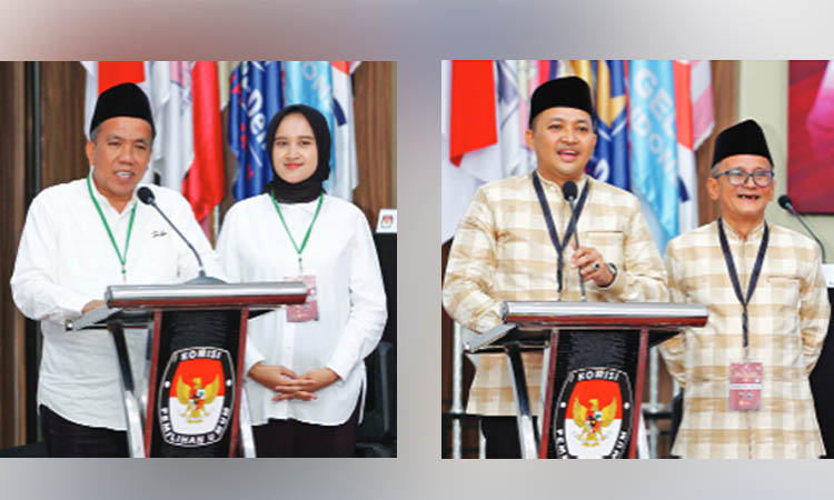 KOMPAK: Gus Mujib Imron-Ning Wardah yang mengenakan baju putih serta Mas Rusdi-Gus Shobih yang memakai bau motif kotak-kotak dengan warna krem.
