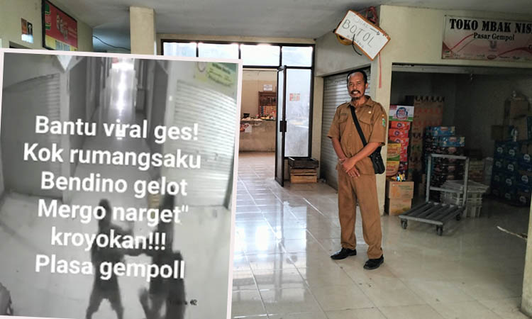 Kepala Pasar Gempol menunjukkan lokasi pengeroyokan. Inset, cuplikan pengeroyokan pada penjaga ponten Pasar Gempol yang viral.