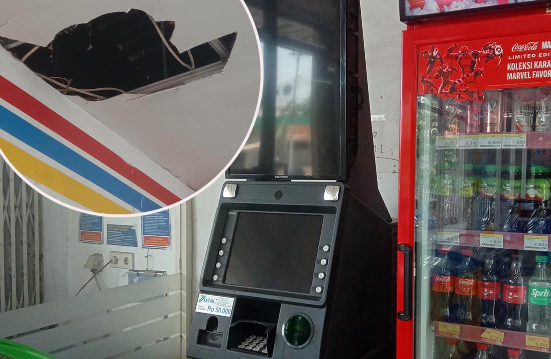 MASIH MATI: Kondisi mesin ATM yang hendak dibobol pencuri. Inset plafon yang dijebol pelaku.