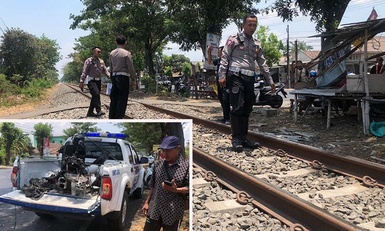 TKP: Petugas saat melakukan olah TKP kecelakaan maut di Lemahkembar, Sumberasih, Kabupaten Probolinggo. Inset motor korban ringsek diamankan petugas. (Inneke Agustin/ Radar Bromo)
