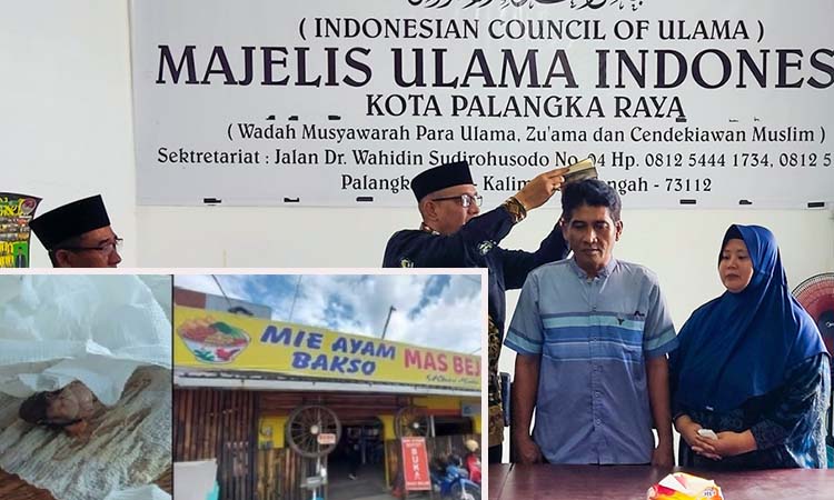 Pemilik Bakso Mas Bejo saat disumpah di MUI. Inset video viral kepala tikus di mi ayam dan lokasi mie ayam dan baksi Mas Bejo