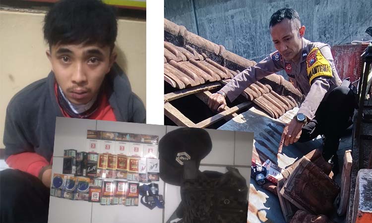 Polisi saat mengecek genteng rumah korban yang dibobol. Pelaku Didik (kiri) dan barang bukti yang diamankan.