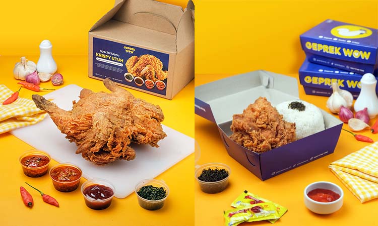 Geprek Wow juga menyajikan ayam utuh dengan berbagai variasi sambal (kiri), serta paket bersahabat di kantong (foto kanan).