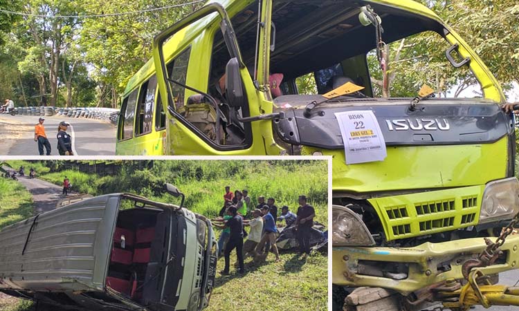 SAMA-SAMA RINGSEK: Kondisi Elf yang ditumpangi rombongan SMK Antartika 2 SIdoarjo. Inset mobil Elf Travel yang alami laka pada Juni lalu.