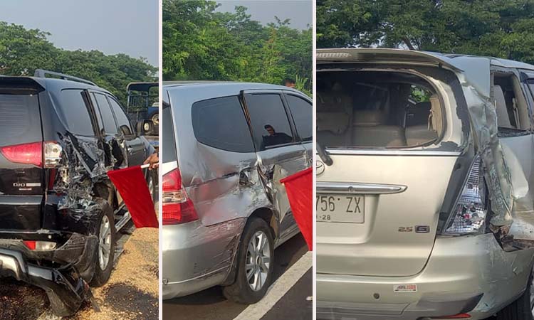 RINGSEK DISERUDUK TRUK: Kondisi Pajero, Livina dan Innova usai diseruduk truk di Tol Gempas.