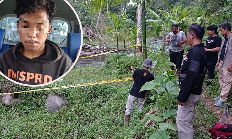 TKP pembuangan mayat bayi tanpa tangan di bantaran sungai Guyangan, Krucil, Probolinggo. Inset pelaku ayah bayi saat diamankan.