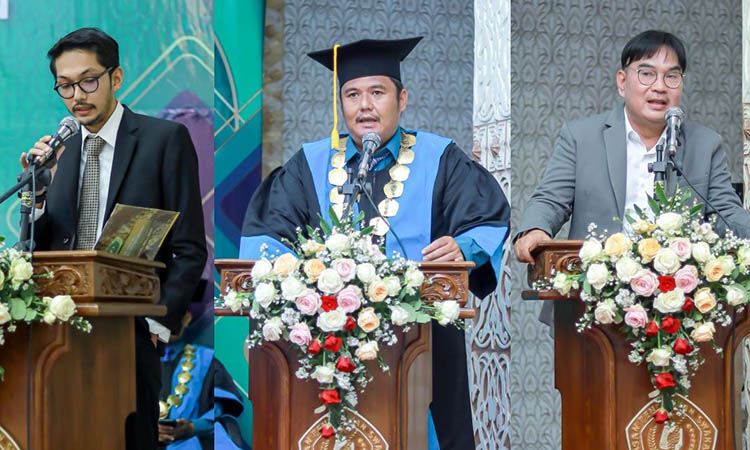 ARAHAN: Dari kiri, Pembina Yadika Muhammad Habibi - Rektor ITB Yadika Dr. Anis Nusron - Ketua KADIN Kab. Pasuruan Dr. Eko Widiyatmo memberikan selamat dan motivasi kepada wisudawan.