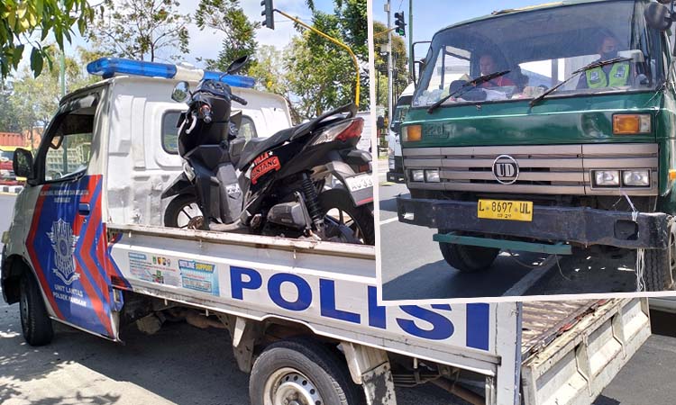 BARANG BUKTI: Motor korban dan truk kontainer saat diamankan petugas.
