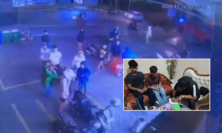 VIRAL: Aksi pengeroyokan di area parkir di took waralaba di Jalan Wahidin SH. Inset, Dua remaja yang terlibat pengeroyokan saat didatangi Satreskrim.