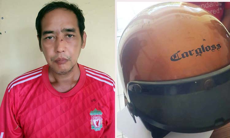 BUKAN PEMAIN BOLA: Agus Winarno (kiri) saat diamankan di Polsek Bangil. Inset, helm yang hendak dicuri Agus.