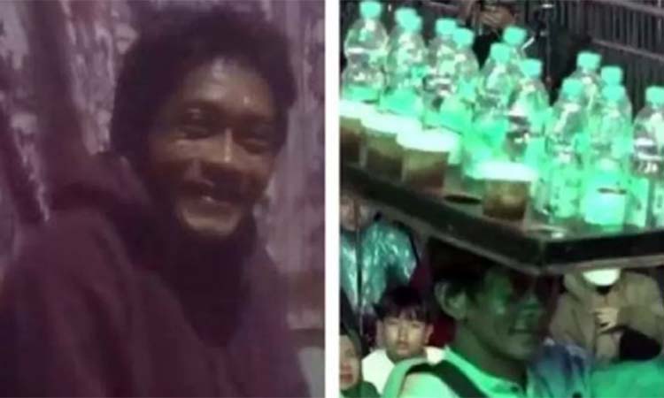 Sunhaji ketika ditemui di rumahnya. Inset Sunhaji saat jualan es teh keliling di pengajian Gus Miftah.