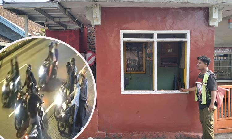 Pos Linmas yang dirusak segerombolan pemuda bermotor. Inset segerombol pemuda bermotor yang terekam CCTV. (Rizal Syatori/ Radar Bromo)
