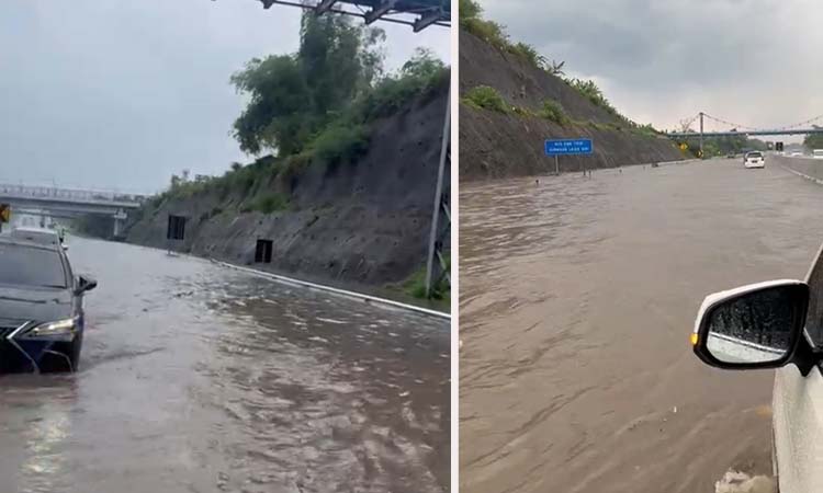 JADI SUNGAI: Ruas tol Pandaan-Malang di Purwosari Kabupaten Pasuruan saat terendam banjir hingga ditutup sekitar sejaman, Minggu (12/8).