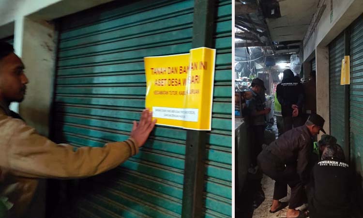 Petugas saat memasang segel di rolling door salah satu kios di Pasar Desa Wonosari, Tutur, Kabupaten Pasuruan.
