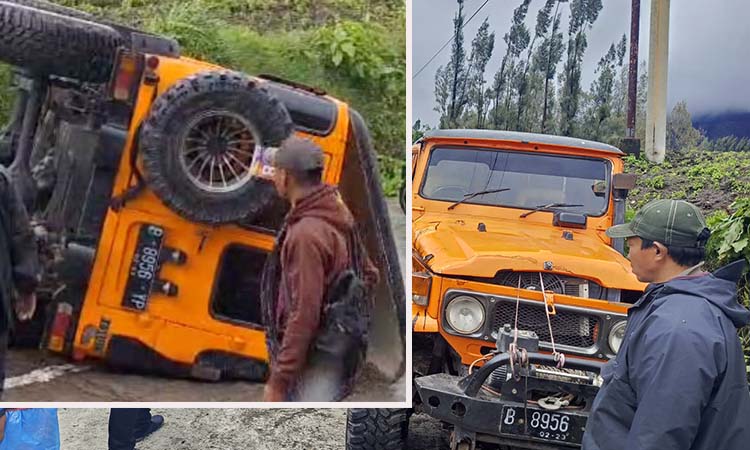 Kondisi jip Bromo yang alami kecelakaan tunggal di Ngadisari, Sukapura usai alami rem blong. (Istimewa)