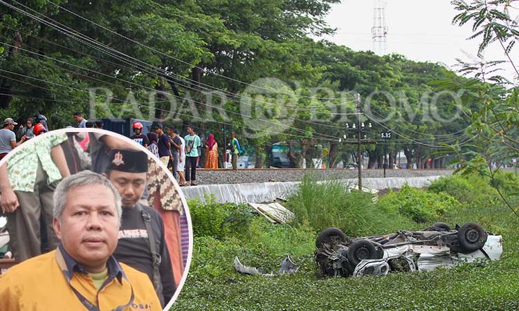 Kondisi mobil Xenia milik korban terbalik usai disasak KA Sri Tanjung. Inset, sopir Xenia yang berhasil menyelamatkan diri. (Mokhamad Zubaidillah/ Radar Bromo)