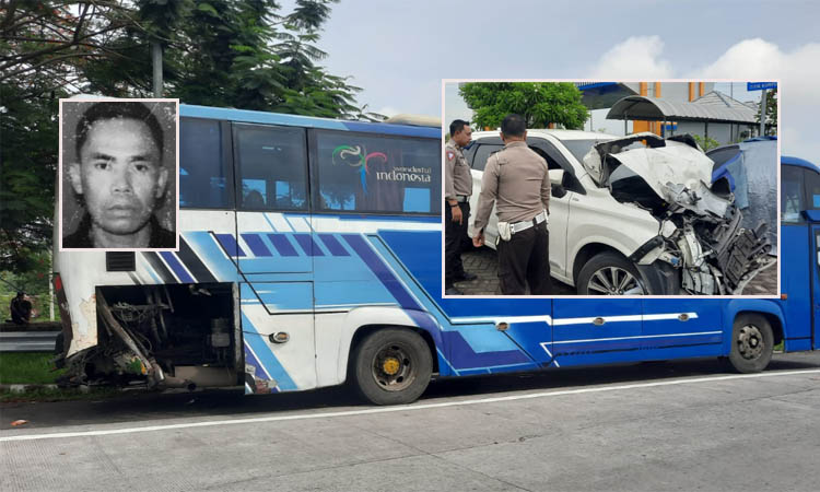 TKP: Bus Hino yang ditabrak mobil Avanza (Inset kanan) yang dikendarai rombongan Samsuddin Batola di tol Paspro. Inset kiri, Samsuddin Batola semasa hidup.