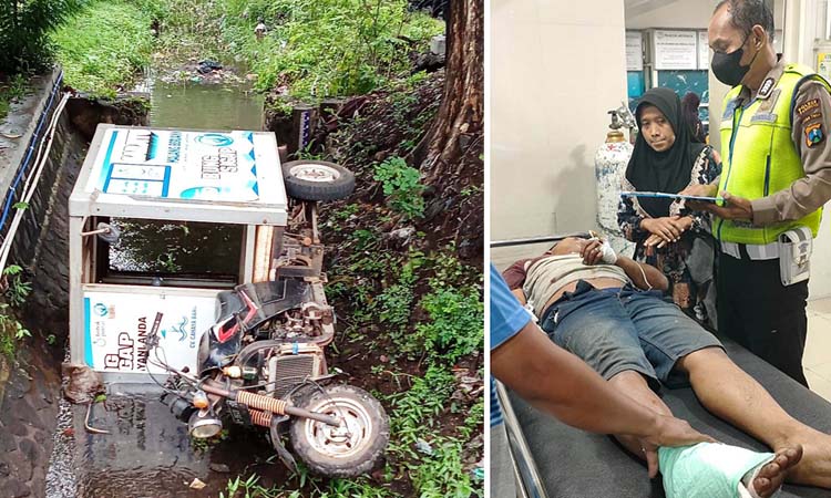 Kondisi motor roda tiga yang nyemplung kali. Inset korban saat dirawat.