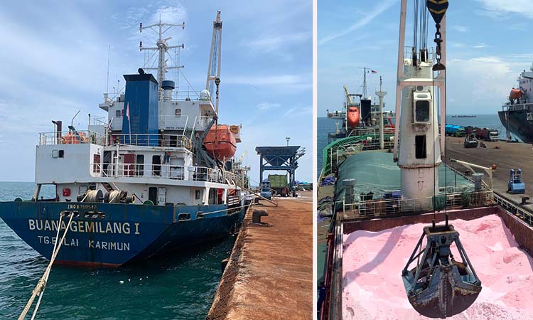 BONGKAR MUAT CEPAT: Proses bongkar muat kapal MV. Buana Gemilang 1 yang membawa muatan pupuk urea curah bersubsidi dari Palembang di Pelabuhan DABN.