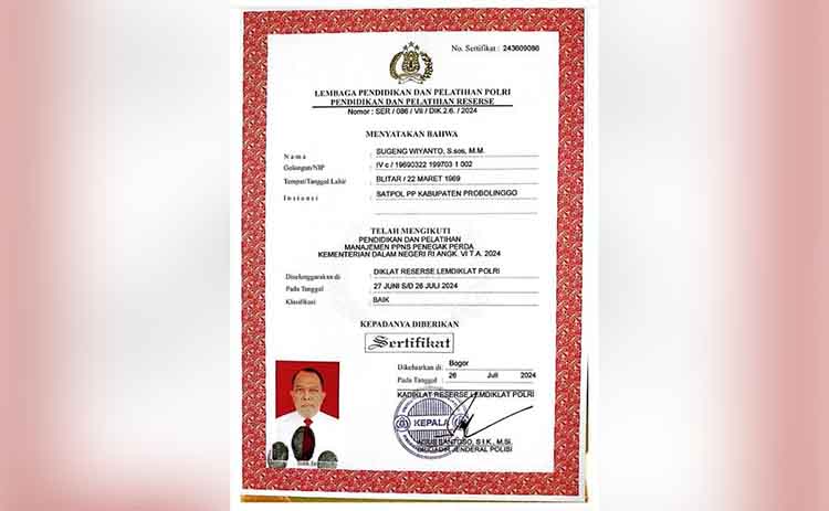 SERTIFIKAT: Diklat Manajemen Penyidik Pegawai Negeri Sipil (PPNS) ditujukan untuk Kepala Satpol PP Kabupaten Probolinggo untuk menegakkan Perda dan Perkada.