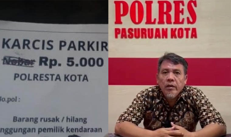 MINTA MAAF: DY saat membuat permohonan maaf karena telah membuat karcic parkir dengan mencatut nama instansi kepolisian. Kiri, Karcic parkir yang menyertakan nama Polres Pasuruan Kota.