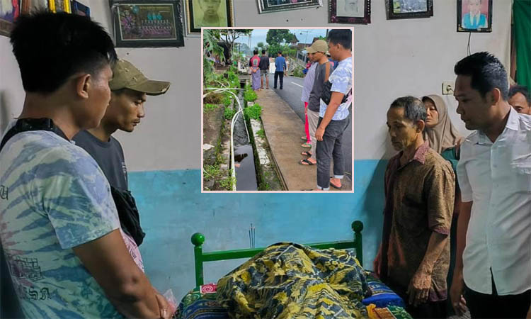 BERDUKA: Jasad korban bocah SD, jatuh terpeleset di parit dan terseret arus ditemukan tewas. Berada di Desa Tambaksari, Purwodadi. Inset, Unit Reskrim Polsek Purwodadi memeriksa parit, lokasi kejadian
