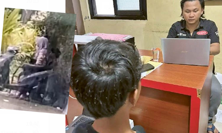 DI BAWAH UMUR: Penyidik saat memeriksa pemeran pria dalam video 19 detik di Sasana Krida yang viral di medsos.