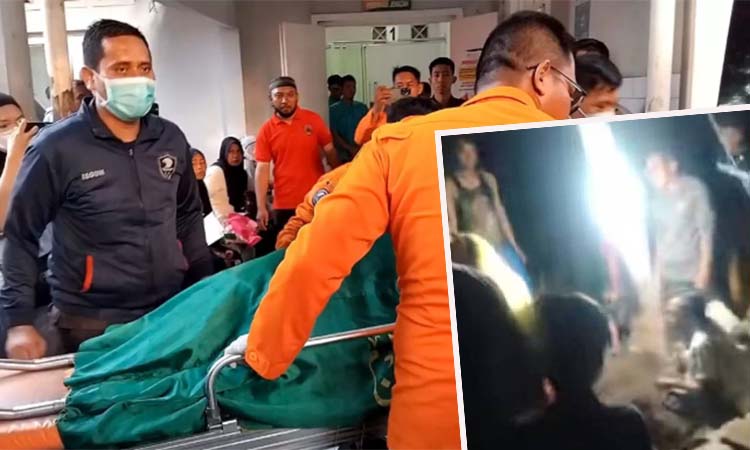 Jenazah bocah yang tenggelam di wiyung saat dievakuasi. Inset proses pemakaman di Nguling, Pasuruan.