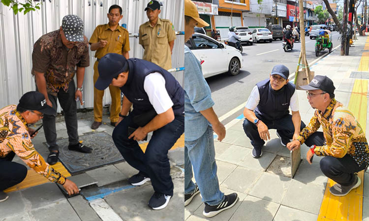 DICEK: Komisi III DPRD Kota Pasuruan saat menggelar sidak pengerjaan peningkatan jalan dan trotoar di Jalan Wahid Hasyim. Legislatif menduga, proyek tersebut digarap asal-asalan.