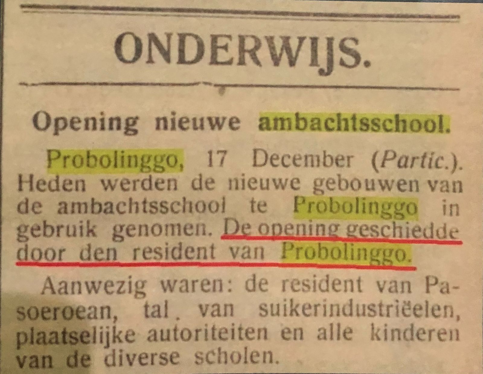 KORAN BELANDA: Kliping koran Belanda yang berisi tentang permbukaan Inlandsch Ambachtsschool te Probolinggo