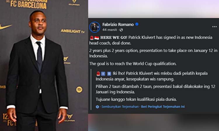 Cuitan Jurnalis Italia Fabrizio Romano yang menyebut Patrick Kluivert bakal jadi pelatih Timnas Indonesia.
