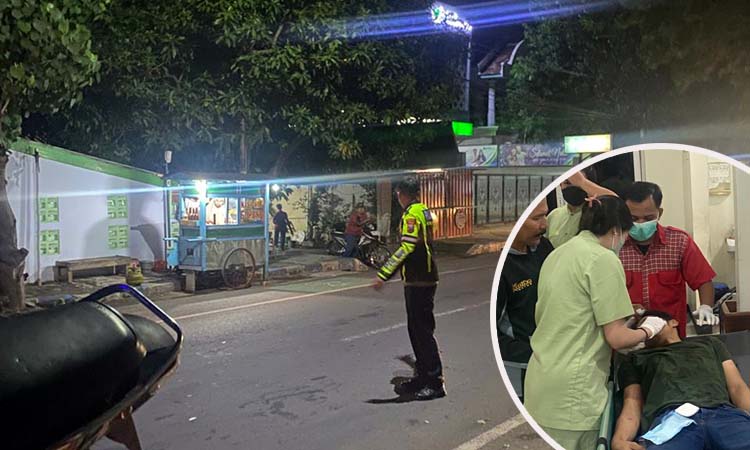 TKP: Petugas satlantas saat melakukan olah TKP 2 motor tabrakan adu moncong di Mangunharjo. Inset salah satu korban saat dirawat.