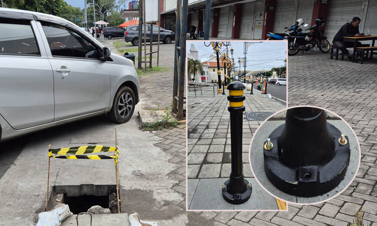 MEMBAHAYAKAN: Gril penutup gorong-gorong di depan Stadion Unsur yang hilang. Kanan, baut riang lampu di depan Mal Poncol di Jalan Wahid Hasyim yang tak lengkap.