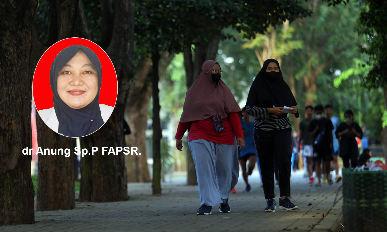 HIDUP SEHAT: Sejumlah masyarakat di Kota Probolinggo berolahraga di tempat public dengan menggunakan masker. Inset, dr Anung Sp.P FAPSR.