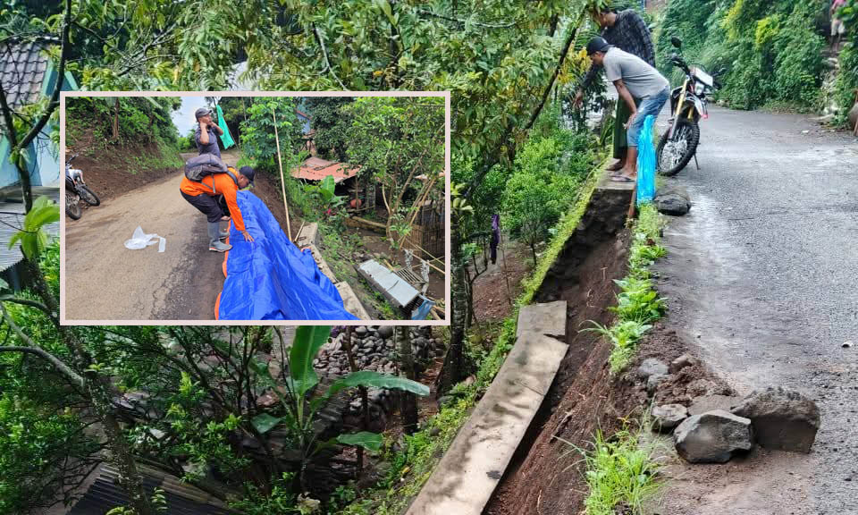 DARURAT: Tembok pahanan tanah di Dusun Krajan, Desa Andungbiru, Tiris, yang ambrol setelah hujan deras. Inset, Terpal yang digunakan untuk menutup tembok penahan tanah di Dusun Krajan, Desa Andungbiru