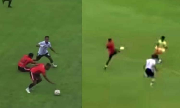 JADI KONTROVERSI: Tangkapan layar saat bek Persibo Jajang Sukmara melakukan quick free kick (kiri). Aksi Osas Saha saat melepaskan tendangan hasil umpan Jajang (kanan). (Screenshoot)