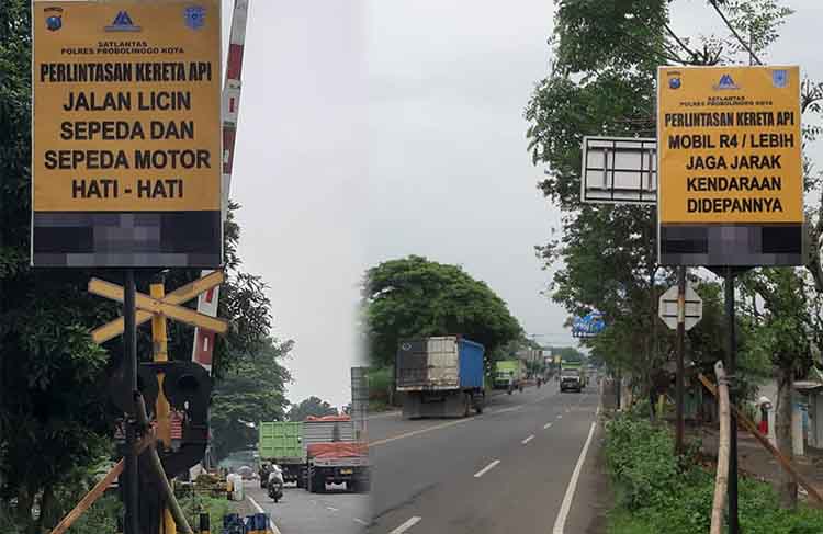 PERINGATAN: Sejumlah rambu-rambu dipasang tak jauh dari perlintasan rel kereta api di Jalan Raya Tongas, Kabupaten Probolinggo.